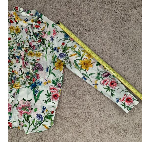 H&M Women Blouse Sz 8 Beige Floral Botanical Plumeti Chiffon Stand Up Collar - Picture 8 of 9